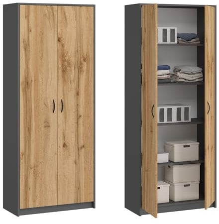 Home Collective Kleiderschrank Mehrzweckschrank Regal anthrazit-Eiche 74cm breit 180cm hoch mit Vier Einlegeböden Aktenschrank Haushaltsschrank Schrank aus Holz für Schlafzimmer Flur Keller Büro