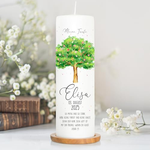 Wandtattoo Loft Taufkerze Mädchen Motiv Lebensbaum mit Blüten, 25cm x 8cm, personalisierte Kerze, bedruckte Kerze zur Taufe, Stumpenkerze, individuelles Taufgeschenk