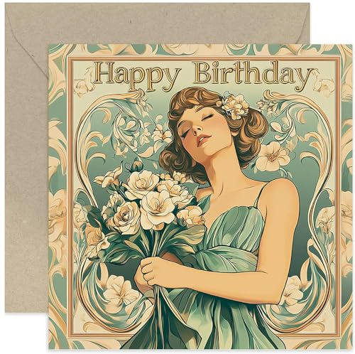 Schöne Geburtstagskarte für Frauen, Vintage-Poster-Stil, Geburtstagsgeschenk für Freundin, Jugendstil, florales Pfirsich- und grünes Design, für Mutter, Ehefrau, Schwester, Kollegin, Tante, blanko