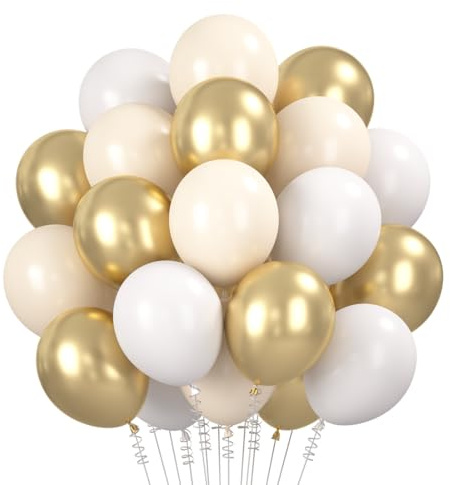 Luftballons Gold Weiß Beige, 60 Stück Luftballon Beige Weiß, Sandweiß Goldene Latex Ballons, Weiss Gold Helium Luftballons für Hochzeit Geburtstag Babyparty Jubiläum Braut Party Dekorationen