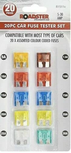Roadster 20pc Large Car Fuse Replacement Set - 5 to 30 AMP, 5A, 10A, 15A, 20A, 25A and 30A in multi value pack