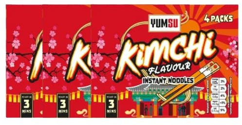Yumsu Kimchi Flavour Instant Ramen Noodles 4 x 70g Assorted Packs Spicy Korean-Style Soup Base, Halal Certified, Quick Meal, Authentic Asian Noodle Snack (Pack of 12)