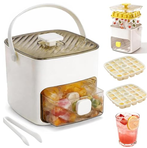 48 Cube Ice Maker with Easy Press Lid, Eiswürfelbehälter mit Deckel und Behälter, Eiswürfelbehälter für Gefrierschrank, Eiswürfelform mit 2 Schalen & Eiszange für Getränke Whiskey Cocktail (Weiß)