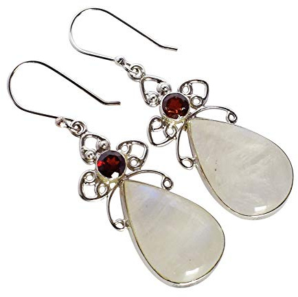 Regenbogen-Mondstein-Granat-Ohrringe, 20 x 10 mm, Birne und 5 mm runder Cabochon, 925er-Sterlingsilber, baumelnde Ohrringe, handgefertigt, Boho-Edelsteinschmuck, spirituelles Geschenk für Frauen