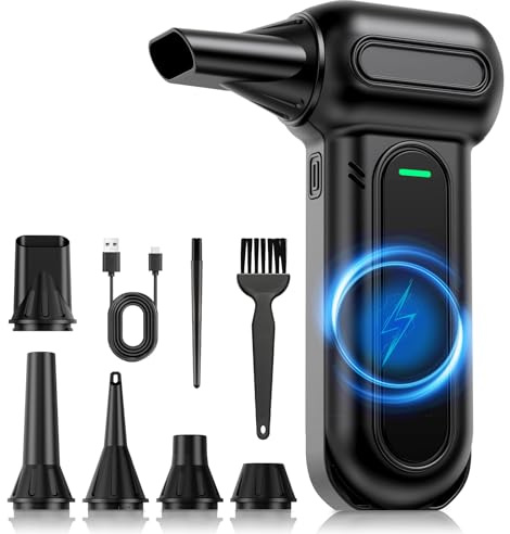 BANKKY Compressed Air Cleaner for PC, 150000 RPM Super Powerful Electric Air Duster, 4-Gear Adjustable Rechargeable Handheld Dust Blower, Cordless Mini Cleaning Kit with LED Light for PC, Carbon Black