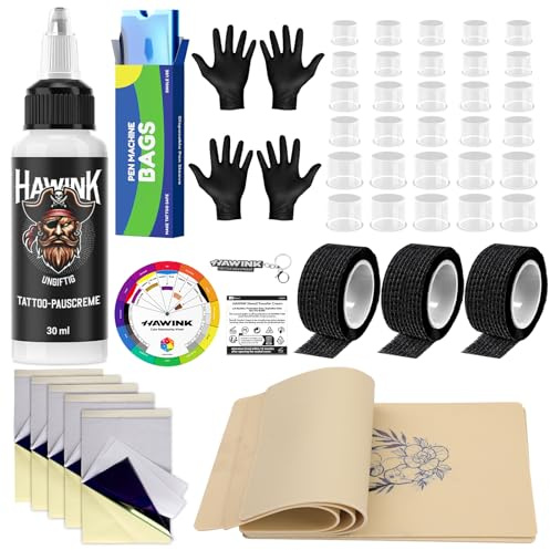 HAWINK Tattoo Zubehör Set mit 5 Übungsleder 30ml Tattoo Transfer Gel Creme Transfer Papier Einweg Tattoo Stift Etui Tattoo Farbe Cups 3 Grip Tape für Anfänger und Profis TC637KITEU