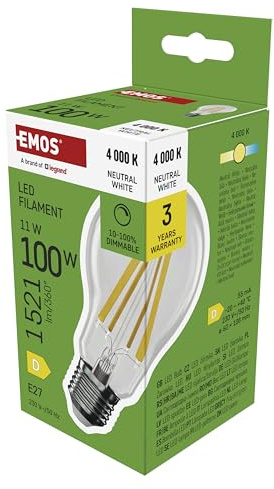 EMOS - Dimmbare Edison LED Lampe Filament A60-11W, ersetzt 100W Glühbirne - Vintage-Stil mit E27 Sockel - Helligkeit 1521 lm, 4000 K - 25000 h Lebensdauer, CRI 80, 320° Abstrahlwinkel - Neutralweiß