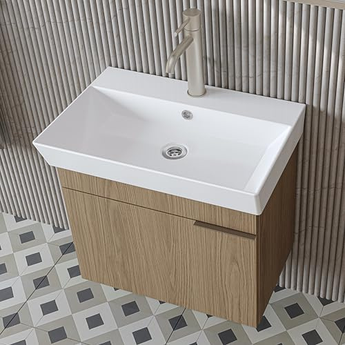 ROOMART Badmöbel LYCIA 60 cm – Waschbeckenunterschrank mit Keramik-Waschbecken – Waschtischunterschrank für Badezimmer – Modernes Badmöbel mit Stauraum – 4 Farben (Eiche (Hell))
