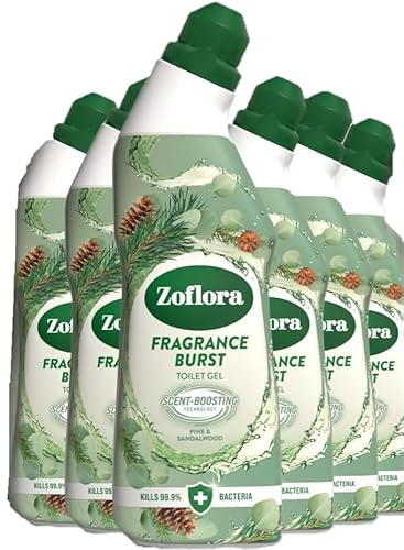 Zoflora Fragrance Burst Toilet Cleaner Gel, 6 Pack x 750ml, Pine & Sandalwood, Odour Control with Scent Boosting Technology, Kills 99.9 Percent of Bacteria