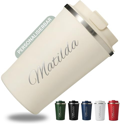 SMARTEON Thermobecher personalisiert mit Namen – Edelstahl Kaffeebecher To Go auslaufsicher, doppelwandig isoliert, minimalistischer Coffee Mug To Go, Geschenk für Frauen & Männer (Beige)
