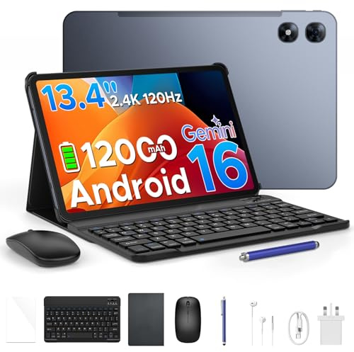 P13 Pro 13.4 Inch Large Tablet, Android 16 Tablets, Gemini AI, 120Hz, 48GB+256GB/TF 2TB, 12000mAh/18W, T7280 Octa-Core, 4G Dual SIM, OTG, 16MP+8MP, Face ID, 5G WiFi, Tablet with Keyboard Stylus, Grey