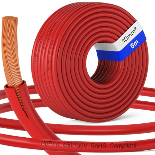 HB-DIGITAL Aderleitung H07V-K 10mm² Flexible Verdrahtungsleitung PVC Einzelader Litze - Rot - 5m