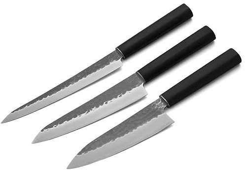 Küchen-Messer-Set YAMATO. 3 japanische Koch-Messer SANTOKU, YANAGIBA, DEBA. Handgeschmiedet, 3 Lagen. Sehr leicht, sehr scharf. Pflegeleicht mit Holz-Griff laminiert. Geschenk-Verpackung