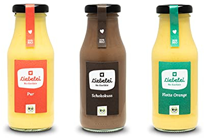 LIEBELEI - Bio Eierlikör Set 3 x 0.2l - Vanille, Schokolade, Orange, Eierlikör Probierset, 14% Vol., Edler Eierlikör als Geschenk für Weihnachten