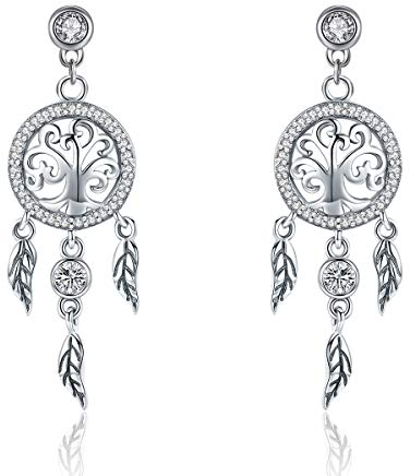 Shysnow Silber Traumfänger Ohrringe mit Baum des Lebens baumeln Quaste Federn Dream Catcher Ohrstecker für Frauen Mädchen