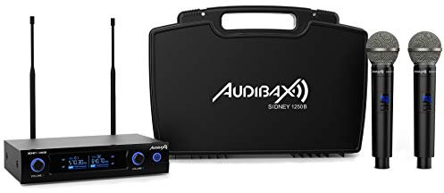 Audibax Sidney 1250 B - Sistema Microfonico Wireless UHF Doppio - Microfoni Wireless con Frequenza B - Include Custodia per il Trasporto - 2 Uscite Audio XLR e 1 Uscita Jack