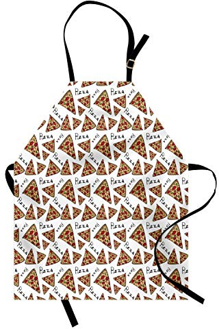 ABAKUHAUS Pizza Kochschürze, Muster in der Hand gezeichnet Doodle Style Pizzeria Menü Fast Food Delicious Gourmet Essen, Höhenverstellbar Klare Farben ohne verblassen, Weiß Rot
