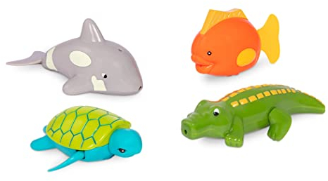 Li'l Woodzeez Battat Paddling Bath 4-Pack Animals – Floating for Bathtime – Water & Beach Toys – 2 Years + – Wind-Up Tubbies-Turtle, Fish, Crocodile, Whale, BT2642Z, Grise, Small