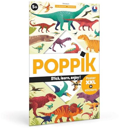 POPPIK 1841059 Sticker-Poster, Dinosaurier, interaktives Lernposter mit Aufklebern, mehrsprachiges Dinoposter, für Kinder ab 6 Jahren, 68 x 100 cm