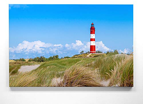Atemberaubendes Nordsee Panorama Leinwand-Bild 120x80cm, Motiv Leuchtturm auf Amrum. Ein einzigartiges XXL Wandbild als Deko für Wohnzimmer, Schlafzimmer, Küche. Aufgespannt auf Holzrahmen