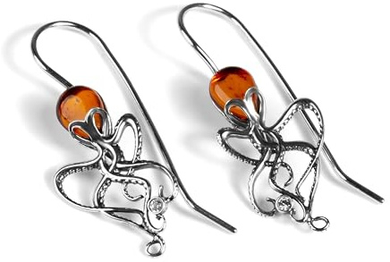 HENRYKA Octopus Drop Hook Earrings in Baltic Amber and 925 Sterling Silver | Sea Life Jewellery | Holiday Summer Accessory | Amber Earrings
