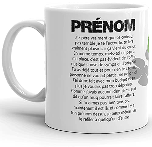 Kalféa Mug humour personnalisable prénom texte drôle et trèfle porte bonheur Tasse à personnaliser homme femme idée cadeau joyeux anniversaire surprise Noël Fête amis collegue famille copain