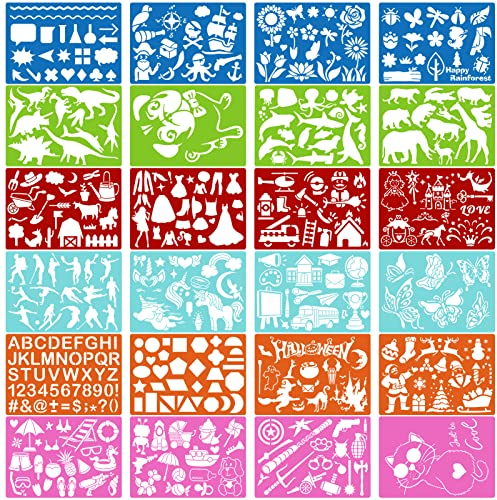 Qpout 24pcs Bunte Zeichenschablone für Kinder, Tier Schmetterling Einhorn Dinosaurier Hai Auto Brief Malvorlagen für Jungen Mädchen Geburtstag Weihnachten Geschenke Kleinkinder Vorschule Malwerkzeug