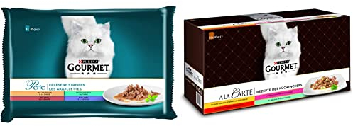 PURINA GOURMET Perle Erlesene Streifen Katzenfutter nass, Sorten-Mix, 12er Pack (12 x 4 Beutel à 85g) & A la Carte Katzenfutter nass, Sorten-Mix, 60er Pack (60 x 85g)