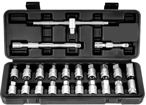 BILITOOLS Jeu de 23 Clés de Vidange, pour Carter, Boîte et Pont Arrière | 3/8, entraînement Douille de cle vidange avec Poignée coulissante 3+6，Hex/Vierkant/Spline M16/Torx T45/Triangle 10 mm
