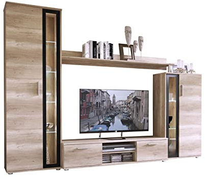 Wohnwand Bentley, Praktische Anbauwand, Schrankwand, Mediawand, mit viel Stauraum, Top-Qualität (Country Oak Grey/Schwarz, mit LED Beleuchtung)