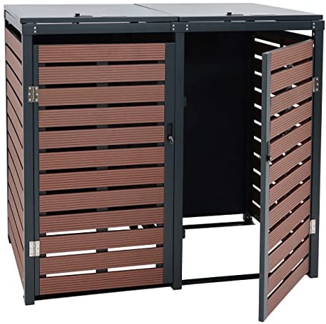2er Mülltonnenverkleidung HWC-K14, Mülltonnenbox Mülltonnenabdeckung, 119x134x84cm WPC Metall 78kg - Walnuss-Holzoptik