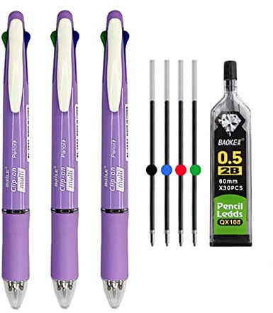 MROOFUL 5 in 1 Mittlere Spitze 1,0 mm Mehrfarbig Kugelschreiber 0,5 mm Druckbleistift 4 Farben Multifunktionsstift Multipack 3 Stück Druckkugelschreiber (Lila)