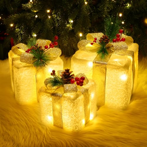 Quntis 3 Set LED Geschenkbox Weihnachten, Weihnachtsdeko Innen Strombetrieben, 60 warmweiße LEDs, beleuchtete Box, Lichterdeko für Weihnachtsbaum Fensterbank Garten Fenster -Flanell