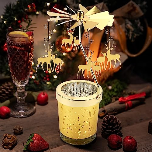 Metall drehender Kerzenhalter, drehende Teelichthalter, Weihnachts-Elch drehender Glas Kerzenhalter, Karussell Kerzenhalter, Metall drehender Kerzenhalter für Weihnachten/Hochzeit/Heimdekoration, Gold