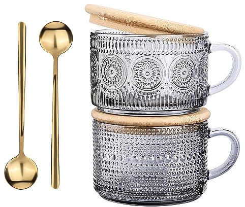 Vintage Glass Coffee Mugs Set of 2,Clear Embossed Glass Tea Cups with Bamboo Lids and Spoons, Cute Coffee Bar Accessories, for Cappuccino, Latte, Overnight Oats, Cereal,Yogurt,Gift(Gray)