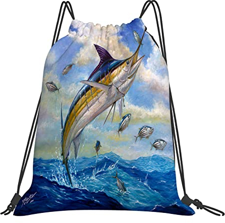 DELURA Rucksack mit Kordelzug,Blue Marlin Billfish Kleiner Thunfisch Bonito Fisch Terry Fox,Kordelzug-Sackpack für Sport, Yoga, Reisen, Cinch-Tasche mit Reißverschlusstasche