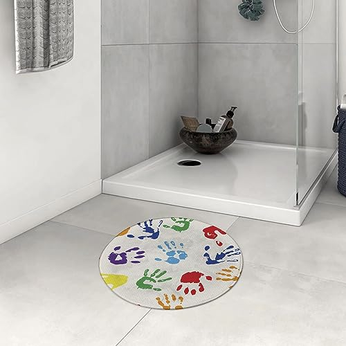 Badezimmerteppich rutschfest Malen Sie bunte Handformen Finger Regenbogenpalette Abstraktes Aktivitätsmus Waschbar teppich rund Weich Flauschig Badteppich Weich Kurzflor Mikrofaser Badvorleger 60 cm