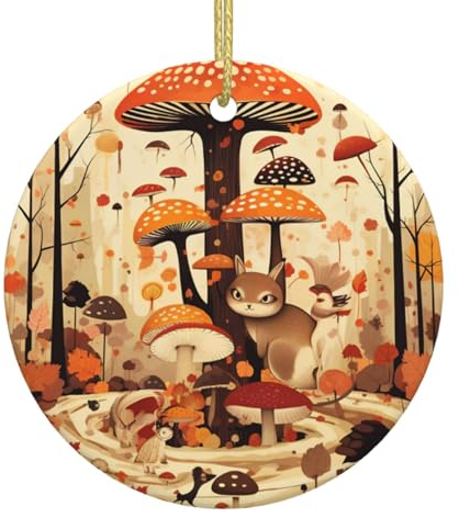 Herbst-Ahornblätter, Pilz, Weihnachtsschmuck, Weihnachtsschmuck, Weihnachtsbaum, hängende Ornamente, runde Keramik, festliches Andenken, Geschenk für Weihnachtsdekorationen, Urlaub, Zuhause,