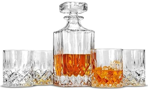 Virsus Set 1 Bottiglia e 4 Bicchieri per Whisky in Vetro WH001, Bottiglia da 900ml e Bicchieri da 250 ml, Decanter Trasparente senza Piombo, Kit 5 Pezzi per liquore, rum, gin e cognac, Idea Regalo