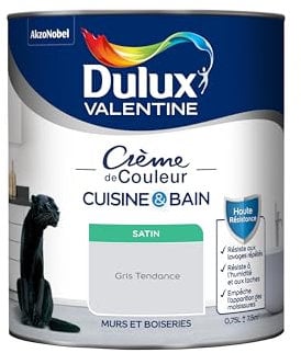 Dulux Valentine Peinture Intérieure Crème de Couleur Cuisine et Salle de Bain - Pièces Humides Murs et Boiseries - Résistant aux taches et à l'humidité - Satin Gris Tendance 0,75 L