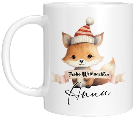 TassenTicker TASSENTICKER - Tasse zu Weihnachten - Weihnachtstasse - Personalisiert mit Namen - Kaffeetasse für jungen und Mädchen - Frohe Weihnachten - Weihnachts-Deko (Fuchs)