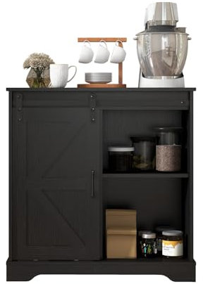 Panana Sliding Barn Door Buffet Sideboard Storage Cabinet Home Bar Kitchen Farmhouse Style (Black)