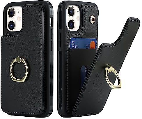 SailorTech für iPhone 12 Mini Handyhülle mit Kreditkartenhalter für Frauen, iPhone 12 Mini Hülle Ring-Ständer Kartenschlitze Standfunktion Modische Tasche für Männer - Schwarz
