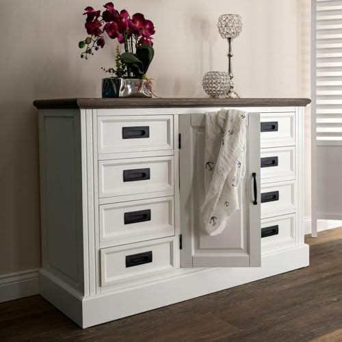 LEBENSwohnART Edles Landhaus Sideboard Chalet 115cm Weiss-braun Kommode 8 Schubladen Tür