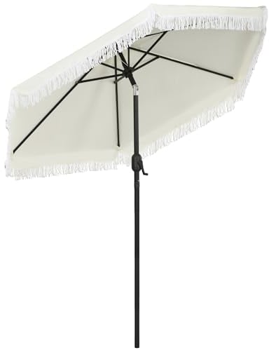 Outsunny Parasol de jardin Parasol droit Parasol inclinable Ø 2,25 m avec manivelle à franges style bohème 6 baleines crème et mât noir