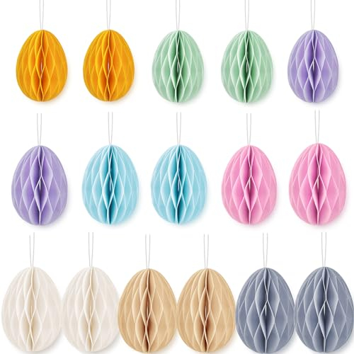 Tokusyou Ostereier zum AufhäNgen 16 StüCk Bunte Ostereier Deko Dickes Papier Bienenwabe Eier Dekoration mit Schnur Osterdeko für Kindergarten Schule Einkaufszentrum Dekoration, 5×7cm