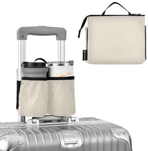 DOMIKING Beige Travel Luggage Cup Holder for Suitcase Free Hands Drink Carrier with Storage Pocket for Coffee Mugs Bottle