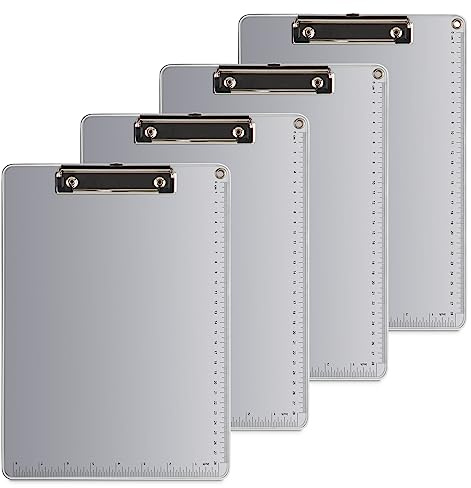 Modixun Clipboards - 4 Pack Metal Clipboard with Scale, Hangable Aluminum Alloy and MDF Clipboard, Non-Slip Clip Boards 8.5x11 for A4 Letter Size Document, Clipboards Bulk