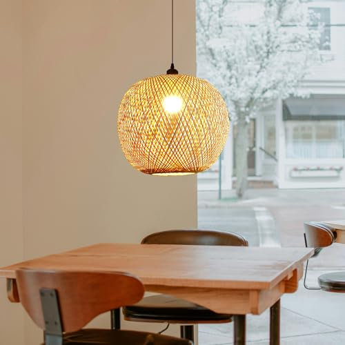 COOYO Vintage Rattan Pendelleuchte natürlichen Bambus Kronleuchter handgeflochtene Weide Lampenschirm E27 höhenverstellbar Esstisch Hängelampe Schlafzimmer Wohnzimmer Decke Hängend Lampe(40CM)