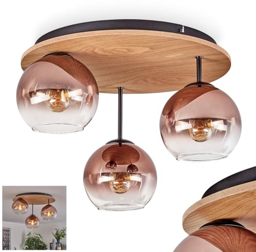HOFSTEIN Deckenleuchte Koyoto, Deckenlampe aus Metall/Holz/Glas in Schwarz/Natur/Kupfer/Klar, Leuchte im Retro/Vintage-Design (Ø Schirme 15 cm), 3 x E27, Schlafzimmer, Wohnzimmer, Küche, Esszimmer